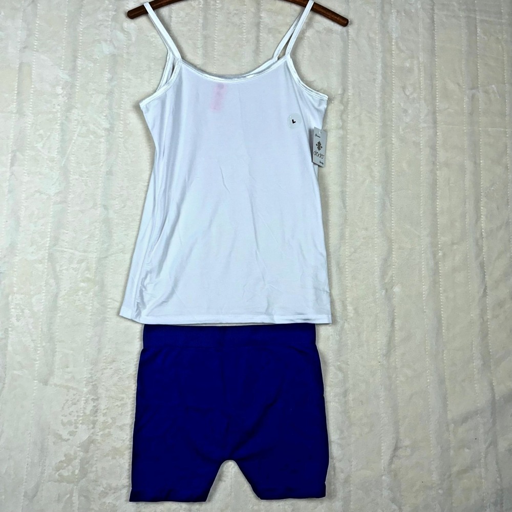 Dodo 2Pc Outfit Set White Cami Tank &‎ Blue CMode Biker Shorts Size L/One NWT
